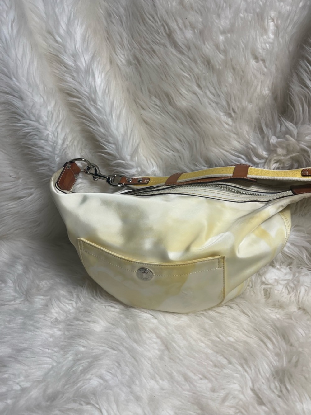 Coach Hampton sateen off white &Yellow marble hobo Bag tan leather &fabric strap
